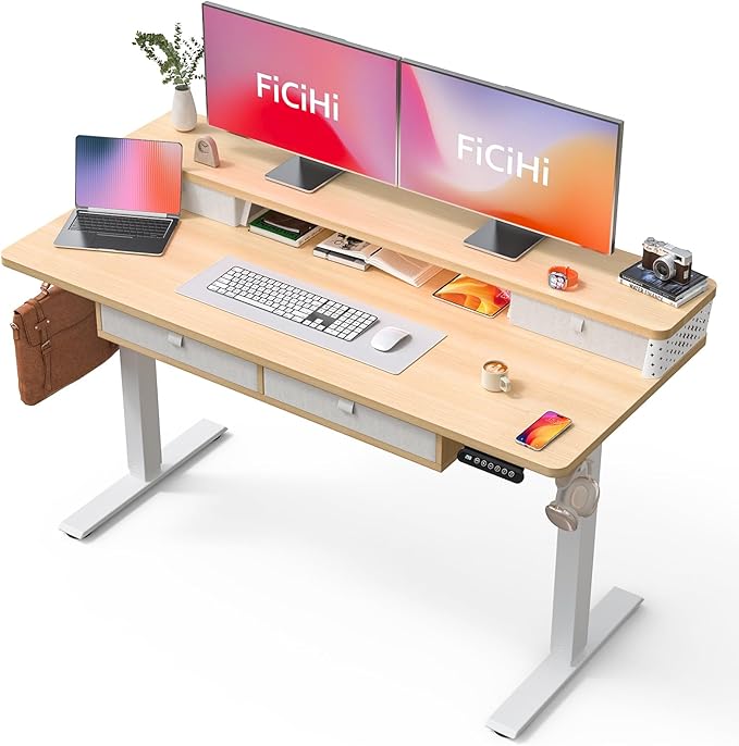 FiCiHi Adjustable Height Standing Desk with 4 Drawers,55 x 24 inches Electric Sit Stand Home Office Desk with Two Tiers, 3 Memory Presets, Monitor Stand Riser, C-Clamp Mount Compatible
