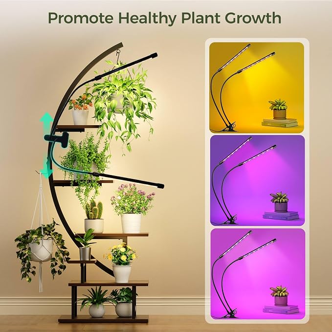 GREENSTELL Plant Stand Indoor with Grow Light, 7-Tiered Tall Metal Plant Stand for Indoor Plants, Half-Moon Shape Display Shelf for Home,Living Room, Patio, Dark Brown (1 Pack)