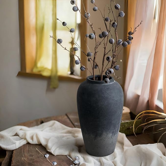 12 Inch Rustic Ceramic Vase, Black Flower Vases for Centerpieces, Farmhouse Decor for Living Room, Entryway & Kitchen, Vintage Pottery Vase for Wedding Gifts