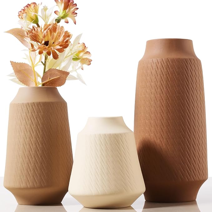 Ceramic Vase Set of 3 - Handcrafted Ceramic Vases for Home Decor & Shelf - Modern Farmhouse Decor for Kitchen, Office, Bedroom & Living Room Decorative Objects for Mantel, Table Centerpieces