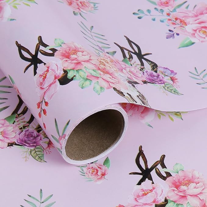 Aimyoo Pink Floral Wrapping Paper Roll 17 in x 10 ft, All Accasion Flower Gift Wrap for Wedding Birthday Bridal Shower