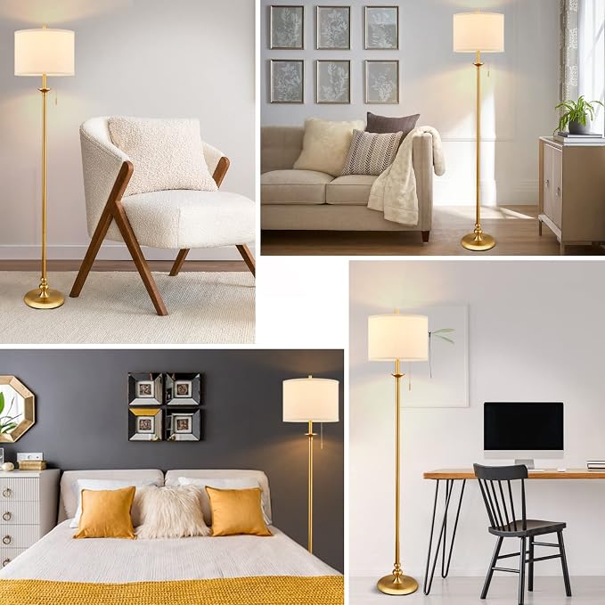60" Gold Floor Lamp, Standing Lamp for Living Room, Bedroom, Office & Dining Room - Tall Corner Floor Lamps with Pull Chain Switch, Soft Lighting Farmhouse Design - Modern Floor Lamp (Bulb Included)