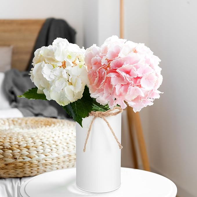 Domensi 5.91 in High Farmhouse Vase Decor Galvanized Metal Flower Vase with Twine Bow Vintage Rustic Tin Flower Buckets for Artificial Floral Table Container DIY(White,24 Pcs)