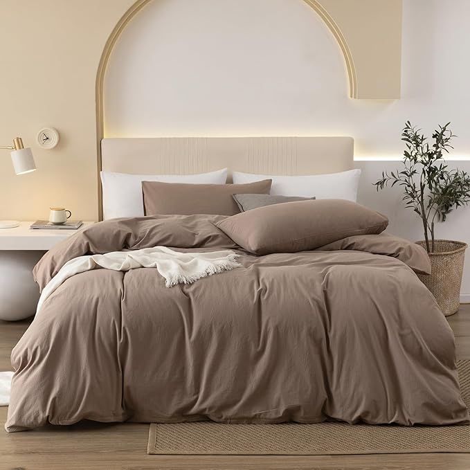 JIYUAN 100% Washed Cotton Duvet Cover Set 2 Pieces Twin, 1 Duvet Cover 68x90 Inches(Comforter Not Included) and 1 Pillowcases,Linen Feel Bedding Set Comfy and Breathable,Light Brown