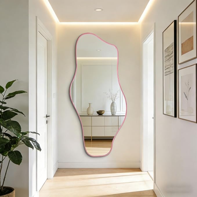 Irregular Mirror Full Length, 67"x31" Pink Asymmetrical Tempered Glass Wall Mirror, Large Organic Frameless Mirrors for Entryway Hallway Bedroom Living Room, Horizontal or Vertical Hanging