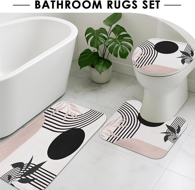 Boho Mid Century Shower Curtain Set with Toilet Lid Cover and Non-Slip Rugs, Abstract Pink Black 4 Pcs Modern Minimalist Shower Curtain for Bathroom Set with 12 Hooks