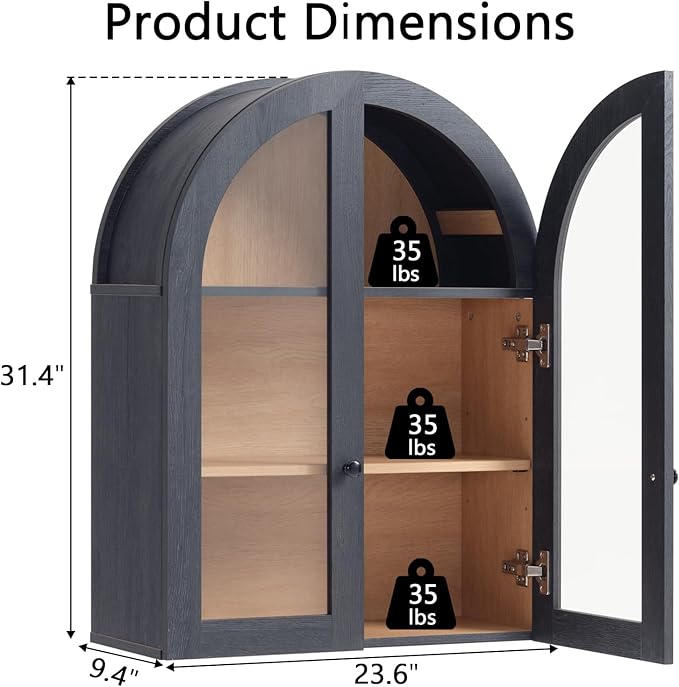 Bathroom Arched Wall Cabinet Over The Toilet Storage Cabinet, 23.5×31.4 Inch bathroom cabinet wall mount with Glass Doors & Adjustable Shelves, Wood Cabinet for Laundry Room, Bedroom Kitchen，Dark Grey