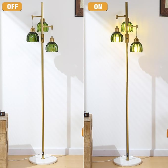 Dimmable Gold Floor Lamp,3-Light Vintage Retro Tree Floor Lamp,Farmhouse Standing Lamp with 3 Elegant Glass Green Flower lampshades for Living Room Bedroom (Brass Gold)