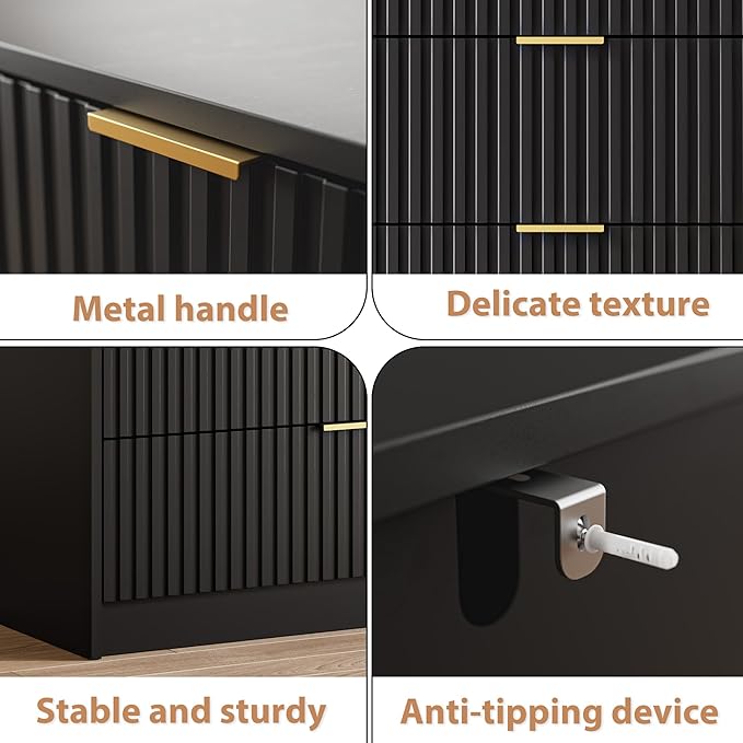 3-Piece Dresser Bedroom Set, 7 Drawer Dresser & 3 Drawer Nightstands with Gold Handles, Fluted Wood Chest of Drawers for Bedroom, Living Room, Entryway, Black