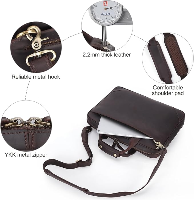 Leather Slim Briefcase for Men 15.6" Laptop Crossbody Messenger Bag Business Work Lawyer Attache Case