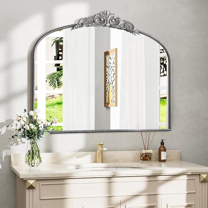 Micasso Large Vintage Silver Mirror: 40"x29" French Baroque Antique Arched Mirror - Traditional Ornate Decorative for Wall/Fireplace/Mantel/Entryway/Bathroom/Hallway - Home Decor for Living Room