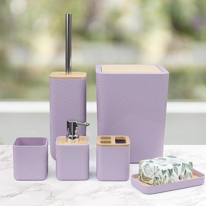 CERBIOR Bathroom Accessories Set 6 Piece Bamboo Bath Ensemble Includes Soap Dispenser, Toothbrush Holder, Toothbrush Cup, Soap Dish for Decorative Countertop and Housewarming Gift (Purple)