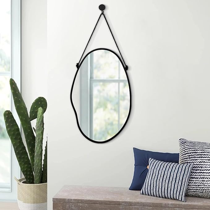 Bedroom Wall Mirror Irregular Black Frame Asymmetrical Mirror for Wall Vanity Bathroom Living Room Bedroom Entryway Hallway Modern Unique Decorative Artistic Hanging Mirror