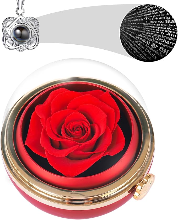Rotating Preserved Real Rose Gift Box with I Love You Necklace – Spherical Eternal Flower Gifts for Mom, Wife, Grandma, Girlfriend – Forever Love Women Gifts for Christmas, Valentine’s Day (Red)