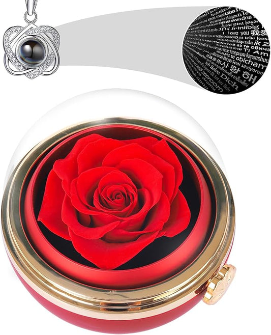 Rotating Preserved Real Rose Gift Box with I Love You Necklace – Spherical Eternal Flower Gifts for Mom, Wife, Grandma, Girlfriend – Forever Love Women Gifts for Christmas, Valentine’s Day (Red)