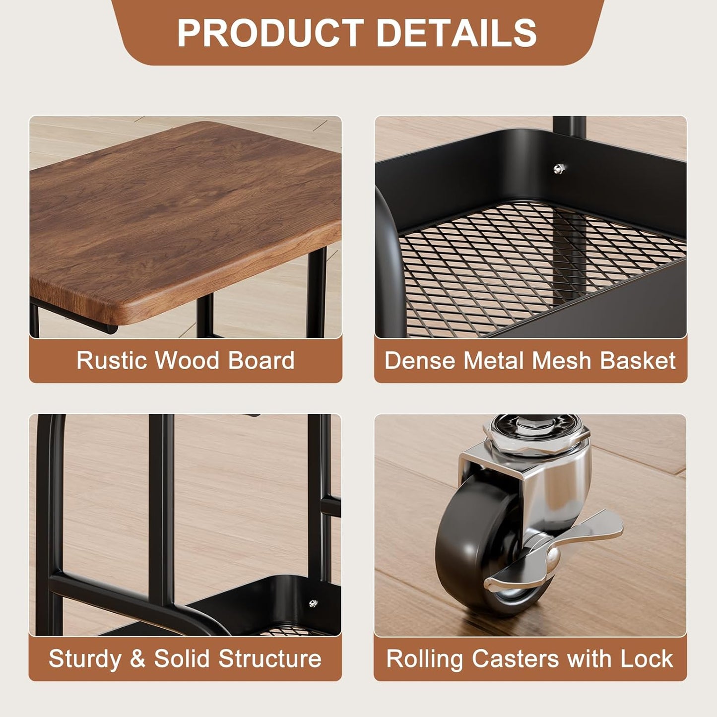 Skiennix Printer Stand - 3-Tier Rolling Cart with Wood Top & Storage Shelf | Mobile Utility for Office & Craft