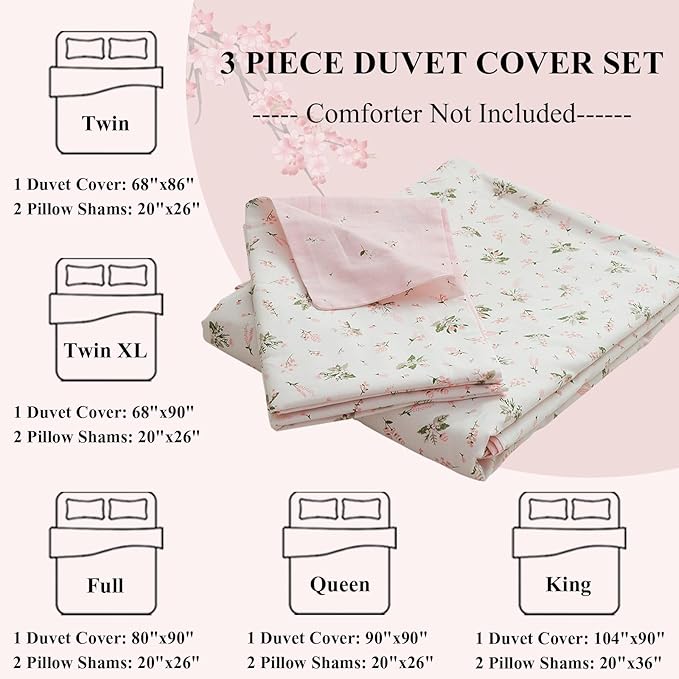 Girl Floral Duvet Cover Twin Pink White Flower Print Bedding Sets Garden Style Flower Comforter Cover Cotton Aesthetic Bedding Cover Chic Floral Bedroom Collection 1 Duvet Cover with 2 Pillowcases