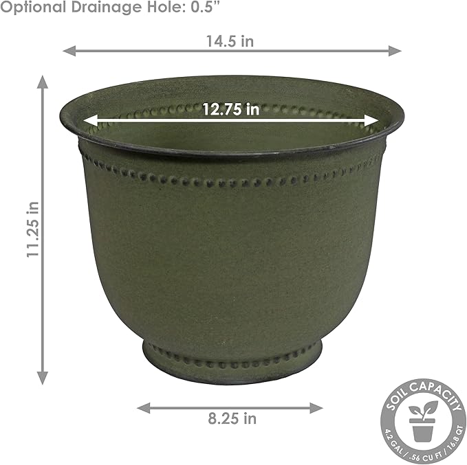 Sunnydaze Michael 14.5" Metal Outdoor Plant Pot Set with Drainage Holes and Rubber Plugs - Matte Sage - Set of 2