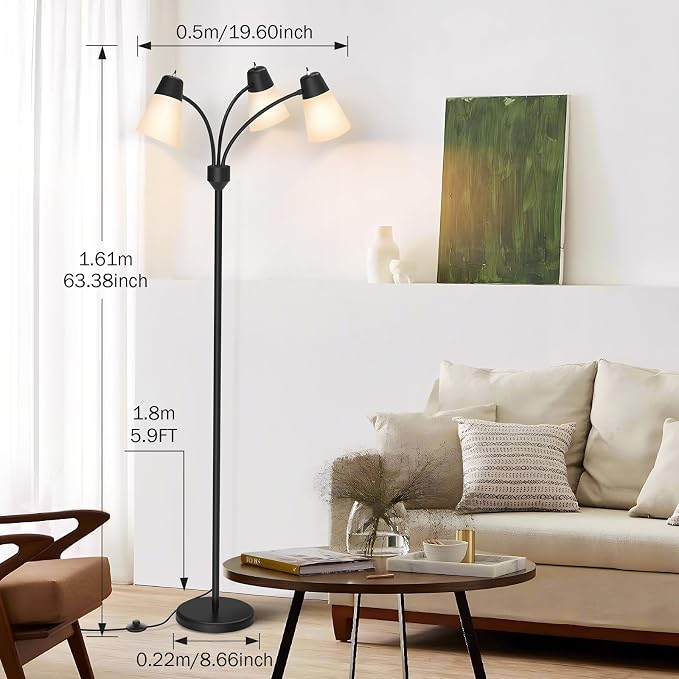 FOLKSMATE LED Floor Lamp, Medusa 3 Head Modern Adjustable Tall Standing Light for Living/Kids Room, Bedroom, Office, Dorm