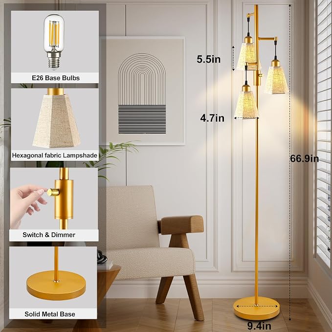 Lightdot 68IN Dimmable Floor Lamp for Living Room, Industrial 3-Light Tree Floor Lamps with LED E26 Bulbs Included, Mid Century Floor Lamp with Fabric Patterned Lampshades for Bedroom HOM Office-Gold
