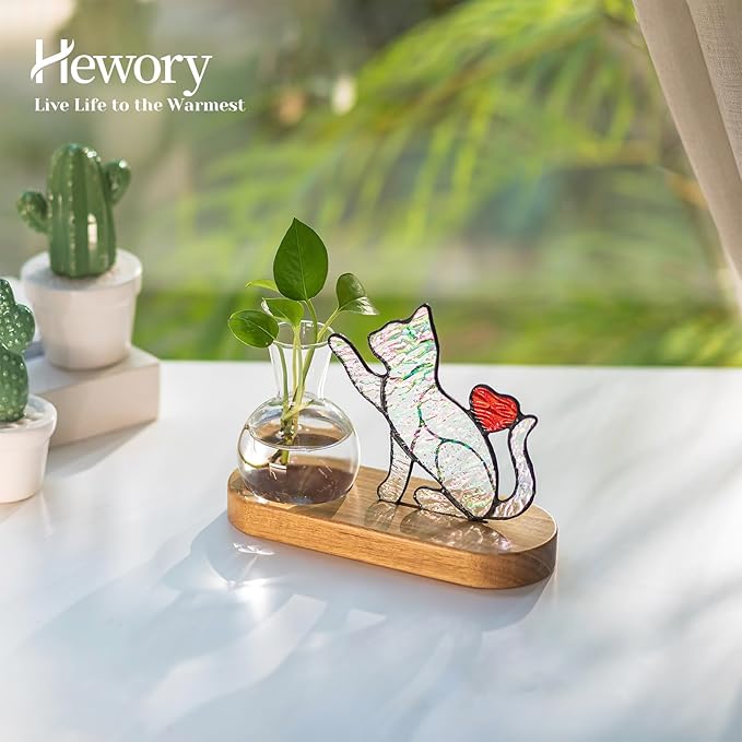 Hewory Handmade Cat Propagation Stations: Iridescent Stained Glass Cat Planter Pot with Wooden Stand for Desktop Decor for Plant Lovers Women