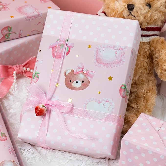 Burymento Pink Strawberries Bear Wrapping Paper, Reversible Dot Design Gift Wrap for Baby Shower, Birthday, Valentines, Mothers day, Graduation, Wedding, Fathers day, Christmas (17 Inch X 32.8 Feet)
