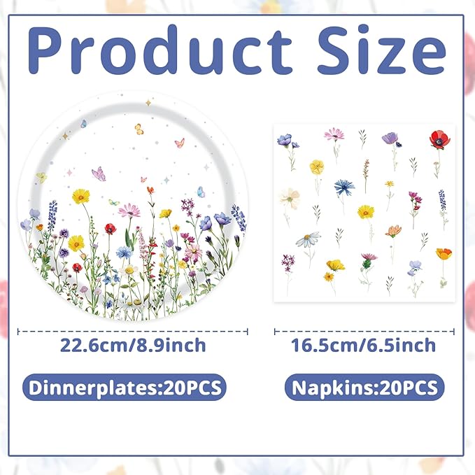 T-Antrix 40 Pcs Wildflower Plates And Napkins Party Supplies, Disposable Floral Wildflower Tableware Set for Spring Summer Picnic Wedding Birthday Tea Party Decoration Baby Shower Serves 20