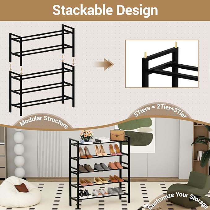 Haddockway Bamboo Shoe Rack for Closet, Free Standing Shoe Organizer with Smooth Round Rods & Convenient Handles, Stackable Shoe Storage Shelf for Entryway, Hallway(Black, 5-Tier)