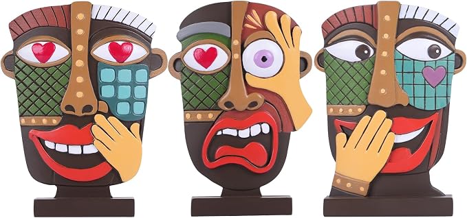 Colorful Abstract Face Sculpture Set of 3 - Modern Cubist Resin Statues for Home Decor, Picasso-Style Artistic Figurines for Shelf, Desk, Bookshelf, Living Room Accents - Unique Gift for Art Lovers