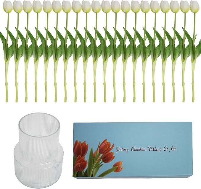 20 Artificial Tulips in Fluted Glass Vase, Waterproof Faux Flowers Bouquet for Wedding Home Office Decor, Table Centerpiece, Housewarming Birthday Gift Set (White)
