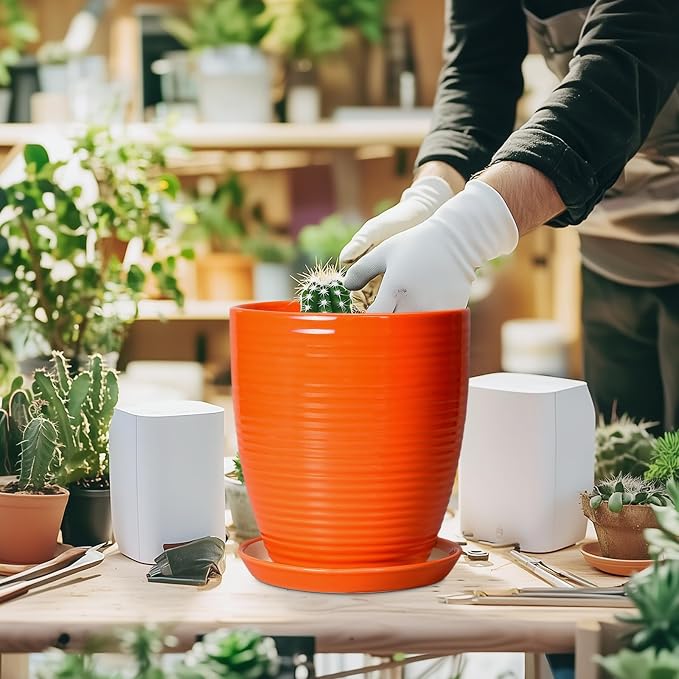 8 Inch Plant Pot, Ceramic Planters for Plants with Drainage and Saucer, Orange