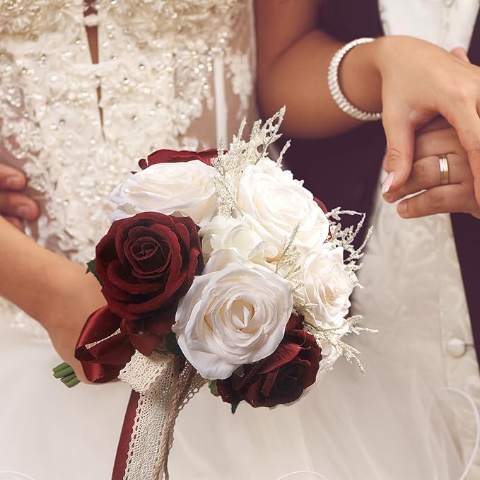 Wedding Bouquets for Bride, Champagne White & Burgundy Bridal Bridesmaid Wedding Flowers, Artificial Toss Rose for Civil Ceremony (Jute Rope Handle)