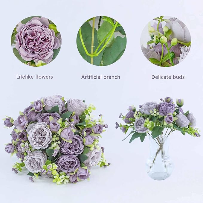 8 Bundles Peonies Artificial Flowers Silk Peonies Faux Flowers Fake Peonies Artificial Flowers Peonies Bouquet for Table Centerpieces Decoration Wedding Decor Home Party Decor (Purple)