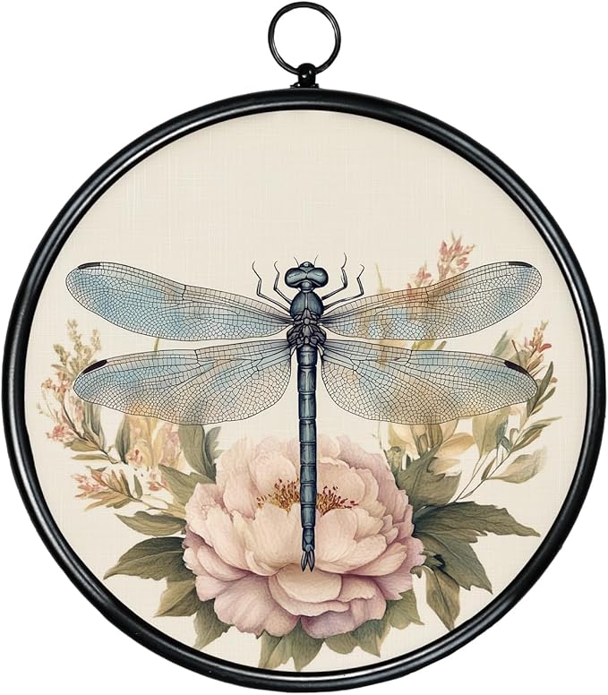 XIAOAIKA Round Vintage Wall Hanging Decor, Printed Textured Surface with Wood Back, Dragonfly Design, Black Metal Frame, Ready to Hang for Living Room Bedroom, 10 Inch