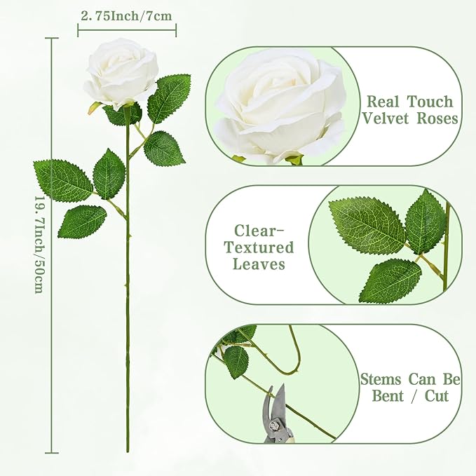 Waipfaru 100 Pcs White Roses Artificial Flowers Bulk, Real Touch Velvet Roses with Wrapping Paper, Fake Flowers for Wedding Centerpieces Bridal Bouquet Valentines Mothers Day Decor