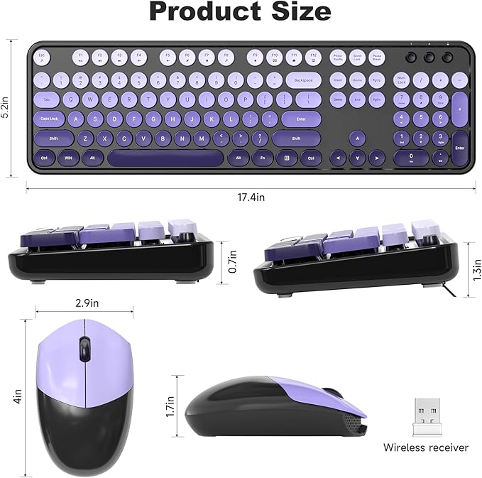 Wireless Keyboard and Mouse Combo, MOWUX Colorful Computer Full Size 2.4G Plug and Play Wireless Typewriter Keyboard and Mouse Set for Computer, Desktop, PC (Black& Purple Gradient)
