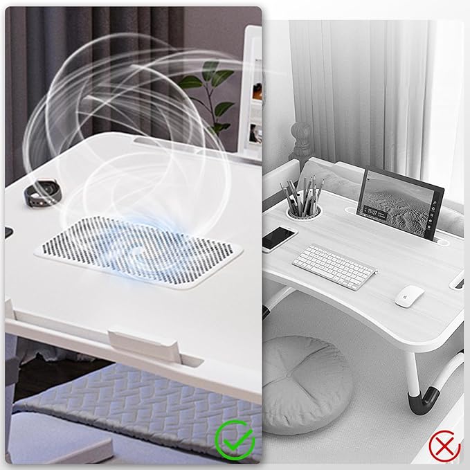 iXTRA Laptop Lap Desk with Cooling Fan - Adjustable with Light, USB, Storage Drawer - Folding Bed Desk,23.62"*15.74",White