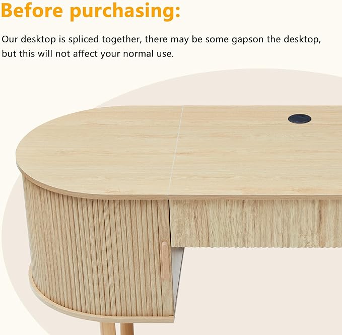 ORRD Home Office Oval Desk with Sliding Tambour Door and Drawer, Modern Fluted Wood Executive Computer Storage Desk for Study, Living Room, Bedroom, Office - Natural