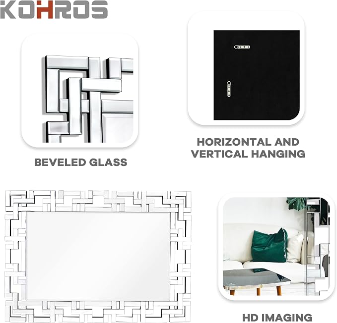 KOHROS Large Decorative Rectangle Mirror for Wall Decor Art Grecian Venetian Mirror (Silver, 36" L x 24" W)