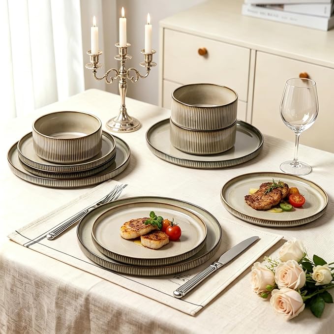 MONITO Ceramic Dinnerware Sets for 6, 18PCS Stoneware Plates and Bowls Sets, Reactive Glaze Dish Set, Chip and Scratch Resistant Double, Microwave and Dishwasher Safe, Brown