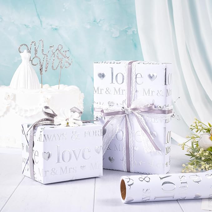 RUSPEPA 30“ x 16.4’ Wedding Wrapping Paper Large Roll, Jumbo Roll, White Gift Paper with Love & Mr & Mrs Design, Romantic Gift Wrap for Wedding, Bridal Shower, Anniversary, Engagement 41 total sq ft.