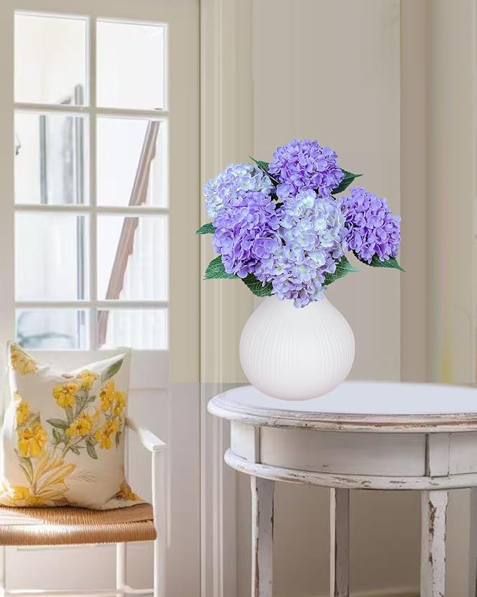 6PCS Premium Purple Hydrangea Artificial Flowers Bouquets, Light Purple Silk Hydrangea Flowers Heads with Stems, Fake Hydrangeas Flowers Arrangement, Faux Hydrangea Decor for Home Wedding Party Table