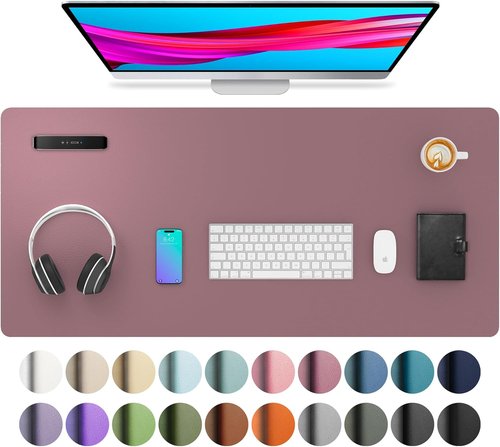 Aothia Leather Desk Pad Protector - Non-Slip PU Leather Blotter | Waterproof Office Mat (Dark Pink, 36" x 17")