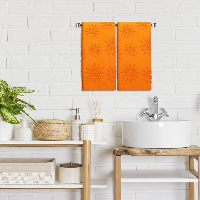 SmoothNovelty 2 Pcs Boho Hand Towels Orange Yellow Towels for Bathroom Sunshine Cotton Absorbent Jacquard Weave 3D Sun Kitchen Decor for Gift Christmas Drying Cleaning Cooking(Orange)