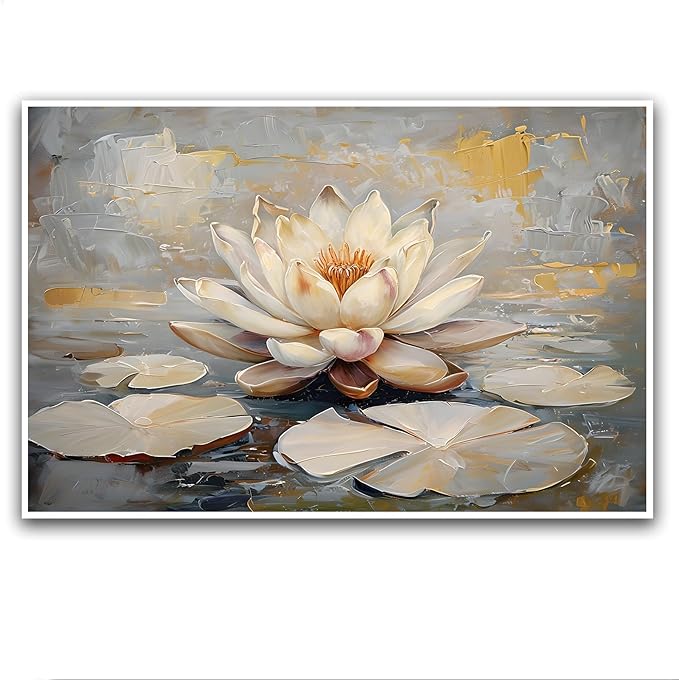 Ethereal white lotus floating on Crystal Waters poster vintage oil painting printwall art soft blush and gold accents serene home and office decor dreamy 8x12in Frameless
