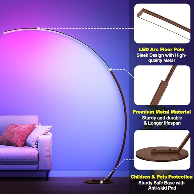 RGB Floor Lamp with 3 Color Temperatures, Ultra Bright 1800LM Smart Arc LED Floor Lamp with Remote Control, Music Sync, Scene Modes, Modern Standing Tall Lamp for Bedroom Living Room Gaming Room-Brown