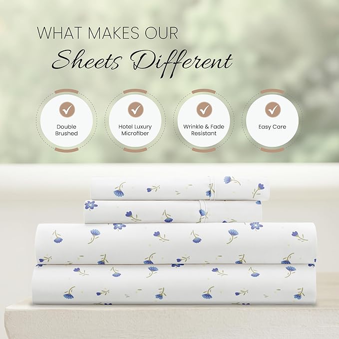 Linen Market Double-Brushed Patterned Microfiber King Sheet Set 4 Piece – Oeko-TEX Certified Ultra Soft & Wrinkle-Free - 16" Deep Pocket Sheets - Easy Care King Size - Soft Floral Light Blue