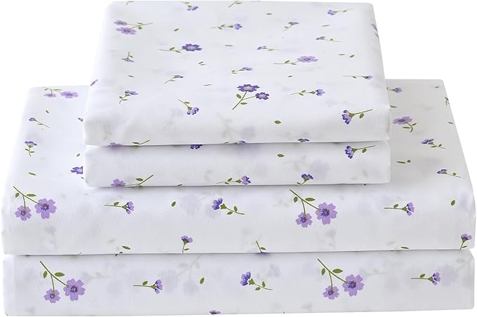 Softan Floral Full Sheet Set Purple Flower Printed Bed Sheets Double, Cozy Microfiber Patterned Fitted Sheets with 15" Deep Pocket & Non-Slip Straps, Cute Purple Sheets and Pillowcase Set