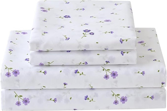 Softan Floral Full Sheet Set Purple Flower Printed Bed Sheets Double, Cozy Microfiber Patterned Fitted Sheets with 15" Deep Pocket & Non-Slip Straps, Cute Purple Sheets and Pillowcase Set