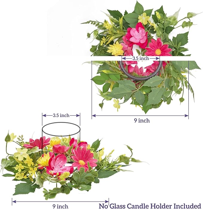 WELL KNOWN 2 Pcs Mini Spring Floral Candle Rings Wreaths for Pillars Home Table Window Decor, 9 Inches Artificial Flower Cabinet Wreath for Kitchen Farmhouse Wedding Party (Fuchsia Pink & Yellow)